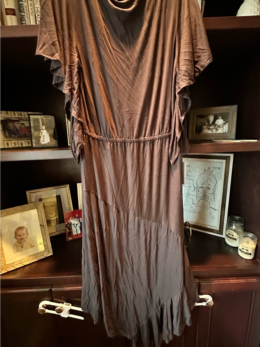 Joyfolie Brown Ruffle Sleeve Midi Dress